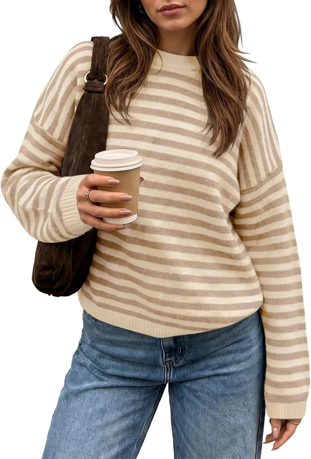 Womens Striped Sweater Oversized Crew Neck Pullover Light Pink | Soft Knit Long Sleeve Tops. Color Block. Trendy Cute Sweaters.