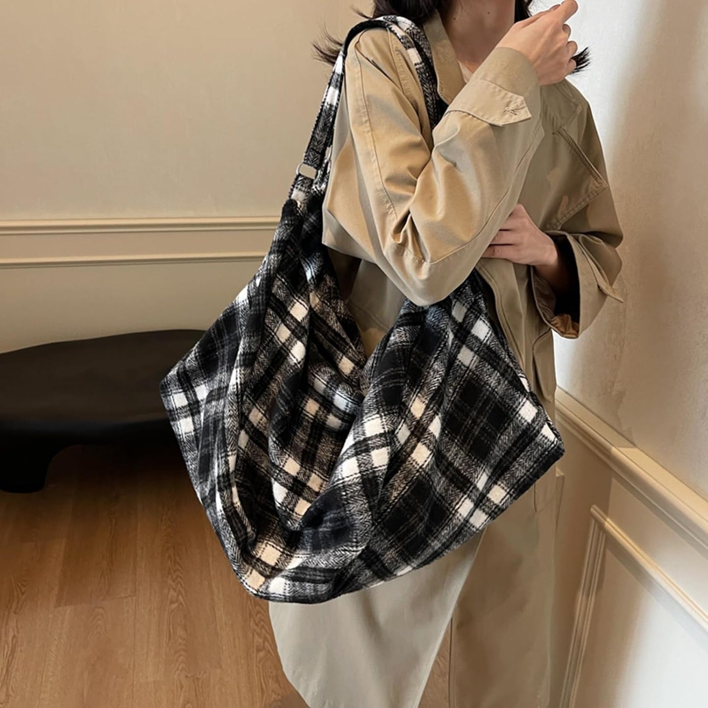 Women Large Capacity Retro Plaid Shoulder Bag | Korean Bag Hobo Bags with Zipper Vintage Pleated Bag Large Capacity Can be Carried on Both Shoulders