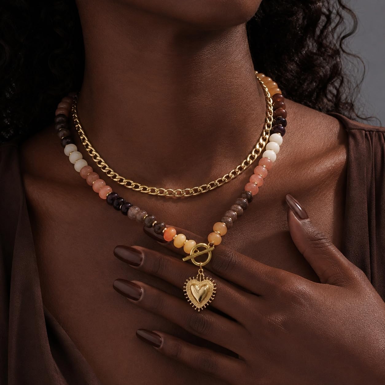 Trendy Statement Stack Necklace. Boho Beach Jewelry Gift with Heart Charm. Stone bead. Gold Pendant and Toggle Clasp