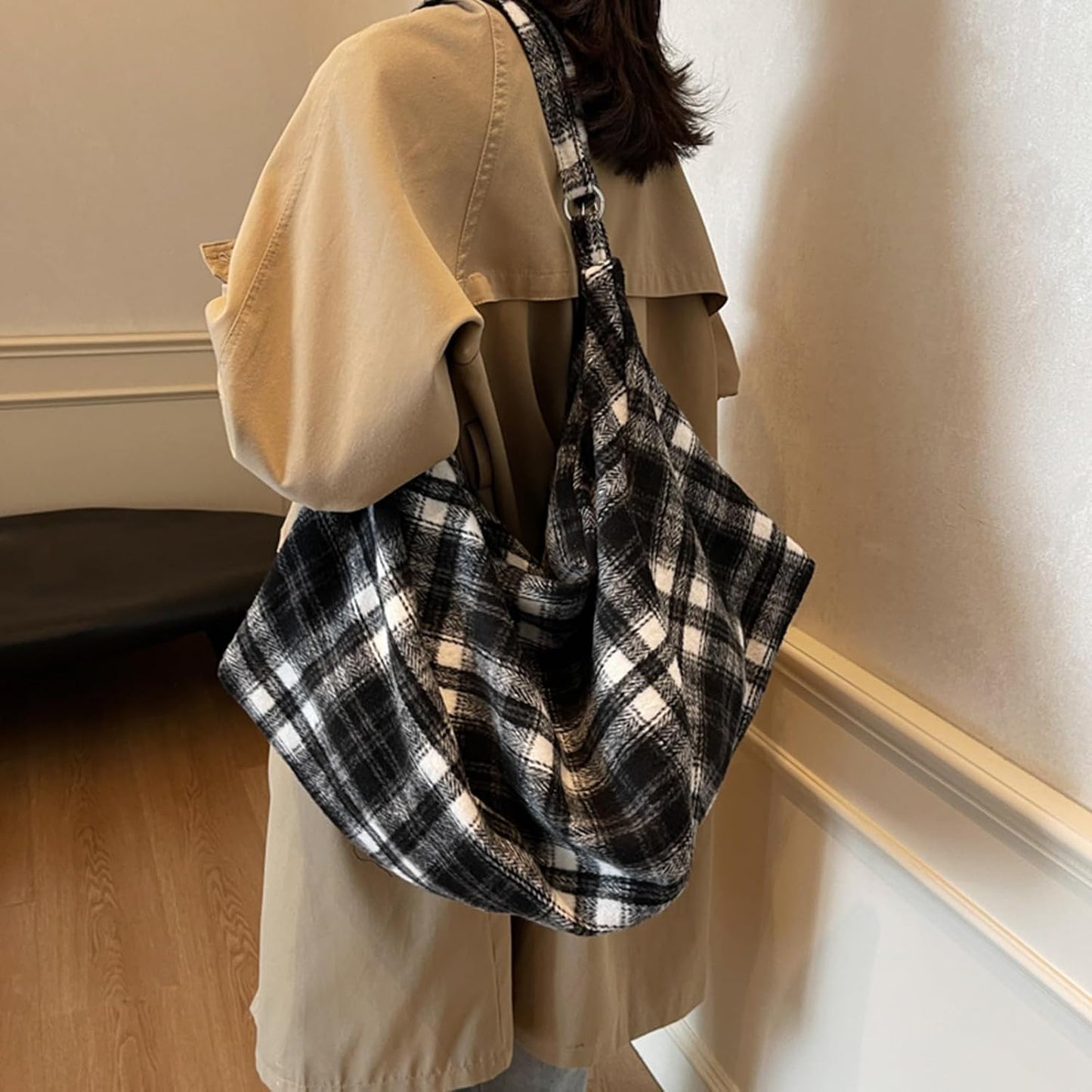Women Large Capacity Retro Plaid Shoulder Bag | Korean Bag Hobo Bags with Zipper Vintage Pleated Bag Large Capacity Can be Carried on Both Shoulders