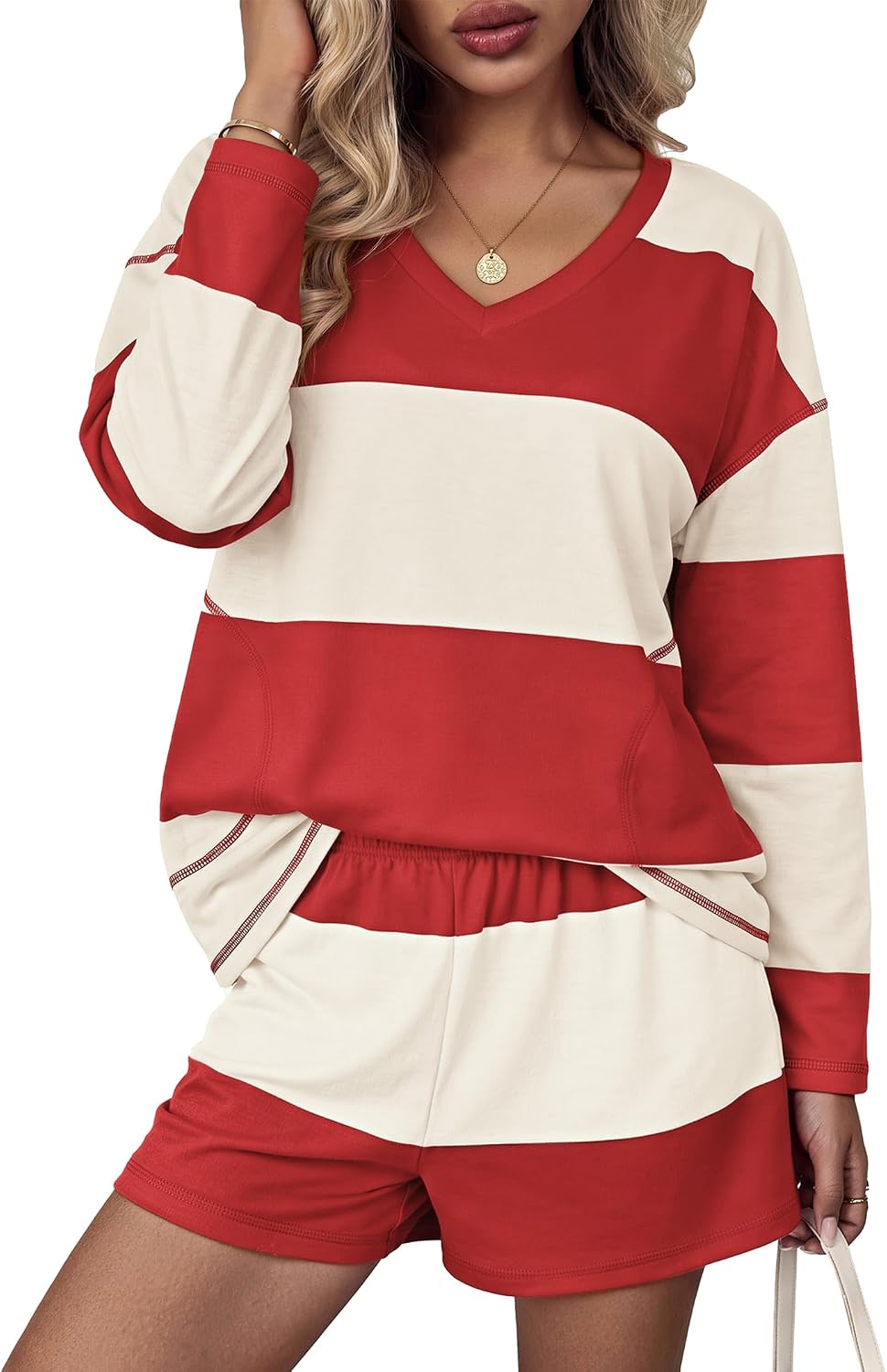 Women Fall Lounge Sets Long Sleeve Shorts Set | Oversized Matching Outfit. 2026 Fall Striped Shirts and Shorts Set.