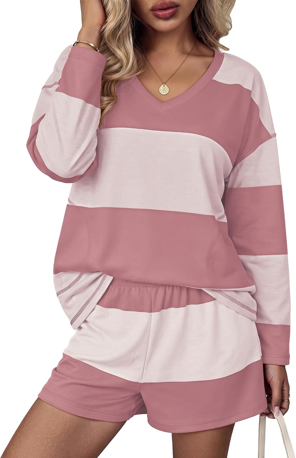 Women Fall Lounge Sets Long Sleeve Shorts Set | Oversized Matching Outfit. 2026 Fall Striped Shirts and Shorts Set.
