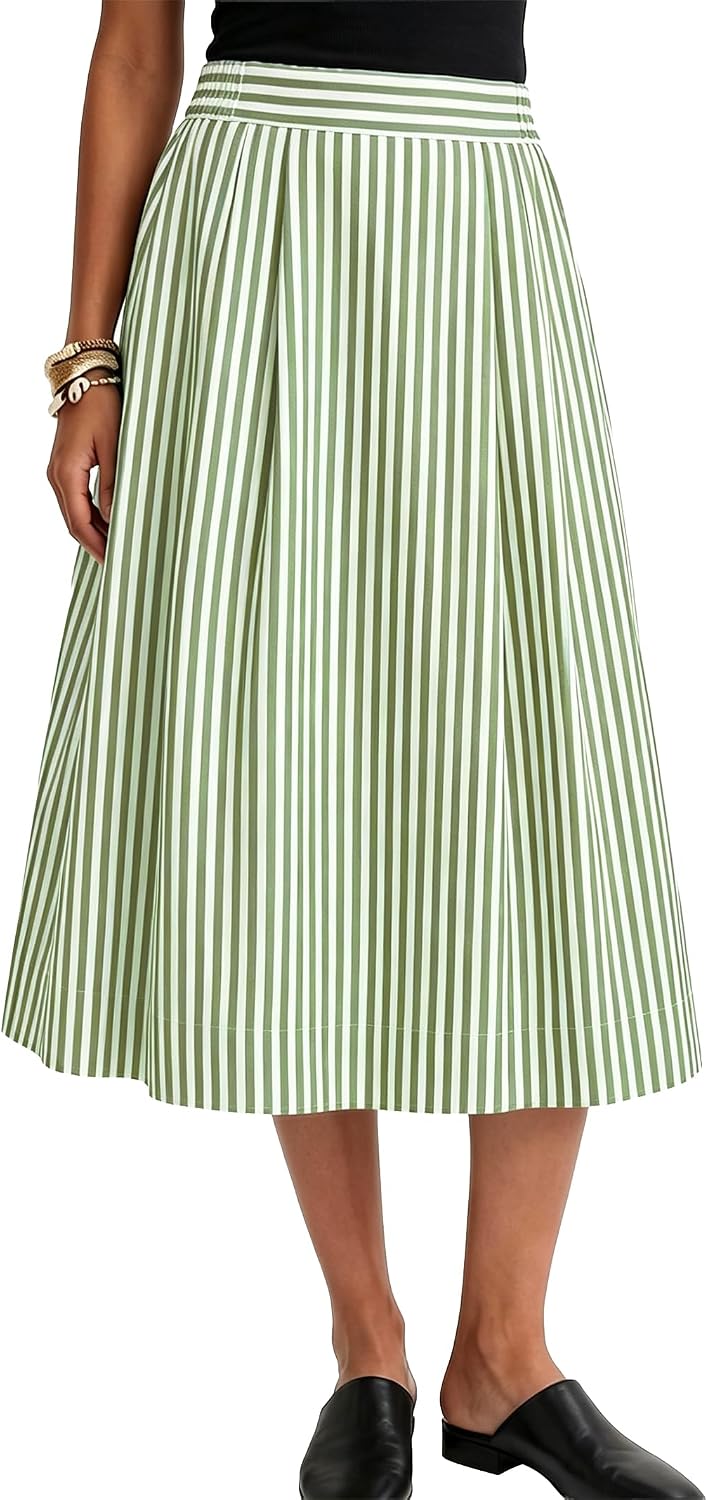 Gingham Skirt Women Midi Length A Line High Waist Skirts | Black White Plaid. Trendy Flowy Skirt with Pocket. Pleated Skirts for Wedding Vacation. Business Casual.
