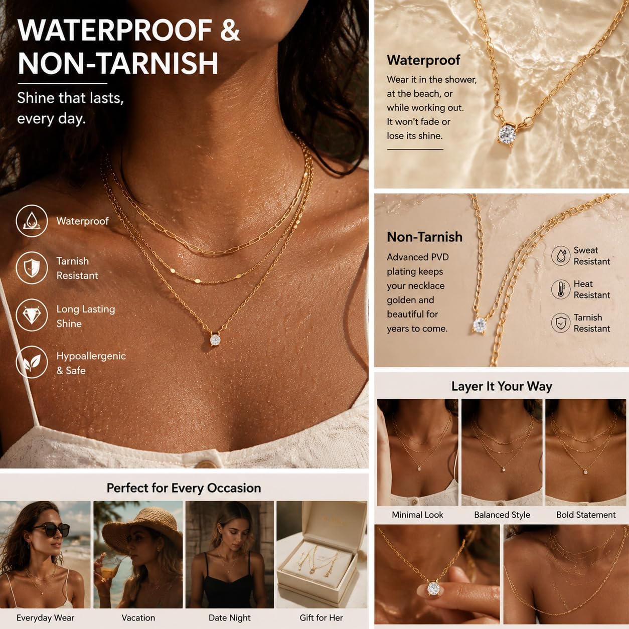 Gold Necklaces for Women. Stackable 14K Gold Plated Non-Tarnish