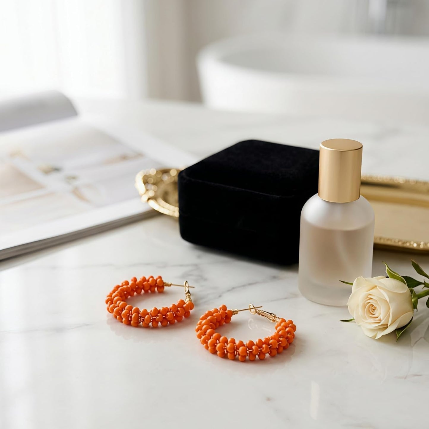 Colorful Beaded Hoop Earrings for Women. Handmade Style Boho Jewelry (Orange)
