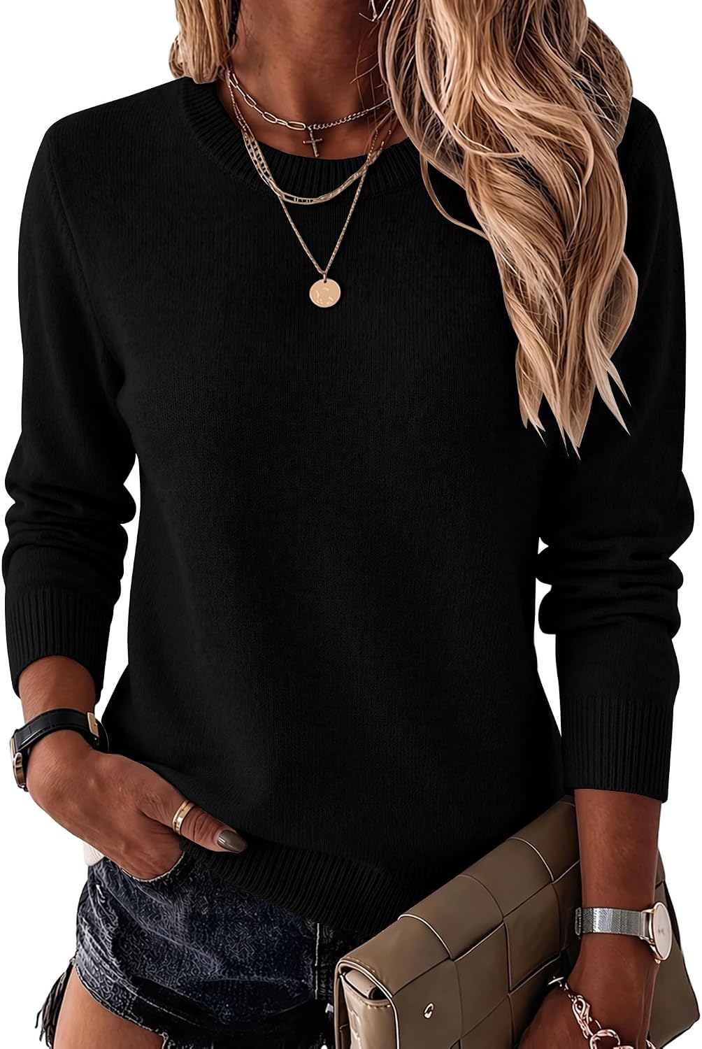 Womens Wool Blend Crewneck Sweater Long Sleeve Soft Knit Pullover Lightweight Business Casual Black Fashion Clothing