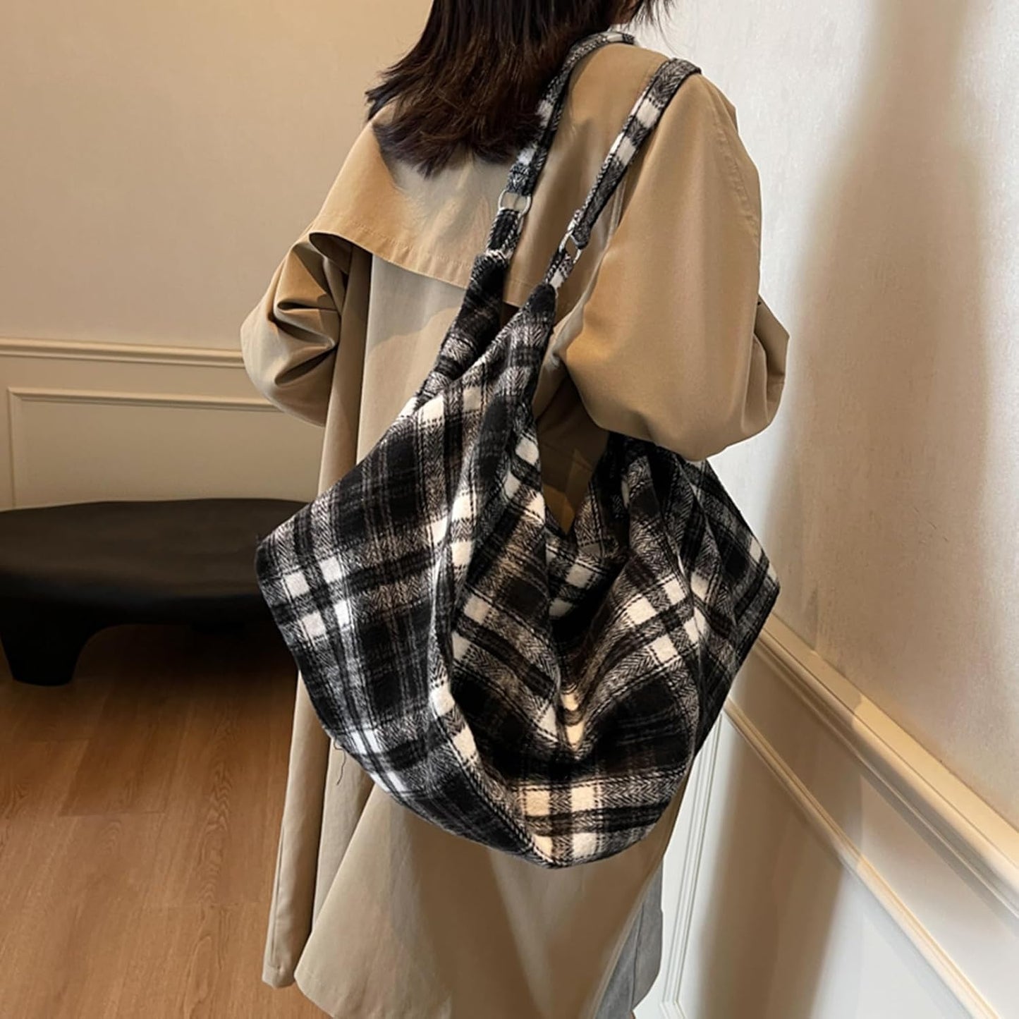 Women Large Capacity Retro Plaid Shoulder Bag | Korean Bag Hobo Bags with Zipper Vintage Pleated Bag Large Capacity Can be Carried on Both Shoulders