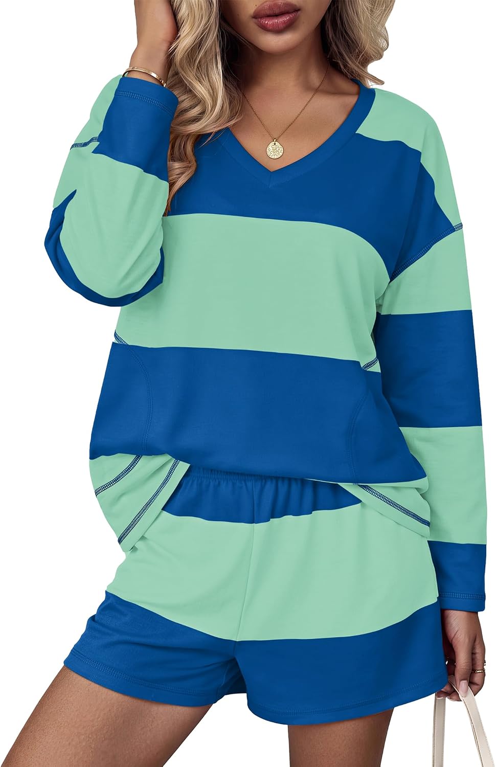 Women Fall Lounge Sets Long Sleeve Shorts Set | Oversized Matching Outfit. 2026 Fall Striped Shirts and Shorts Set.