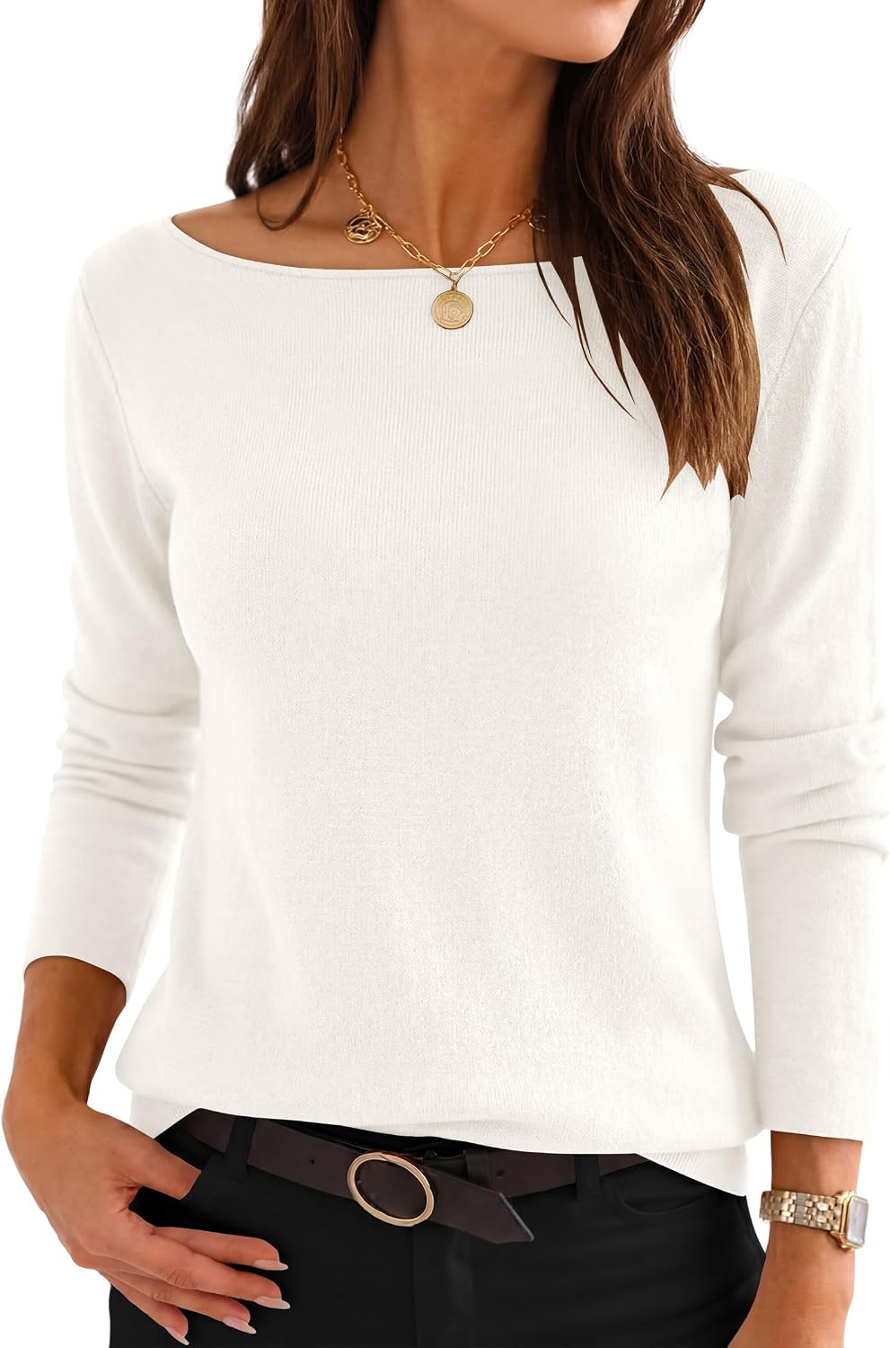Women's Fall Long Sleeve Boat Neck Lightweight Sweaters | Wool Blend Soft Knit. Comfy Soft Slim Fit Pullover Top. Business Casual Work Outfits.