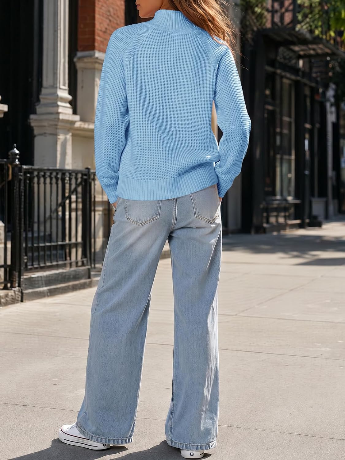 Womens Quarter Zip Pullover Sweaters Waffle Knit Long Sleeve Tops | Thumb Hole. Collared. Half Zip. Casual. Ribbed Sweatshirts. Loose Fit. V-neck.