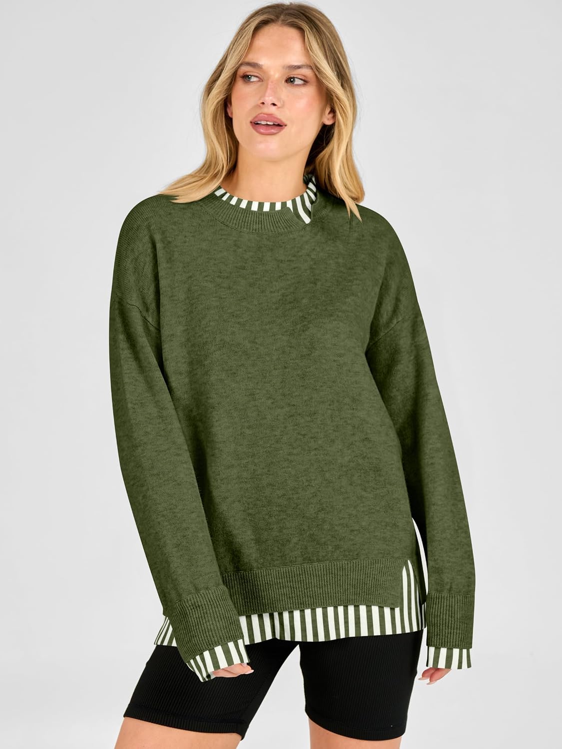 Cozy Knit Teacher School Outfits for Women.Faux Layered Ribbed Trim.Long Sleeve Drop Shoulder