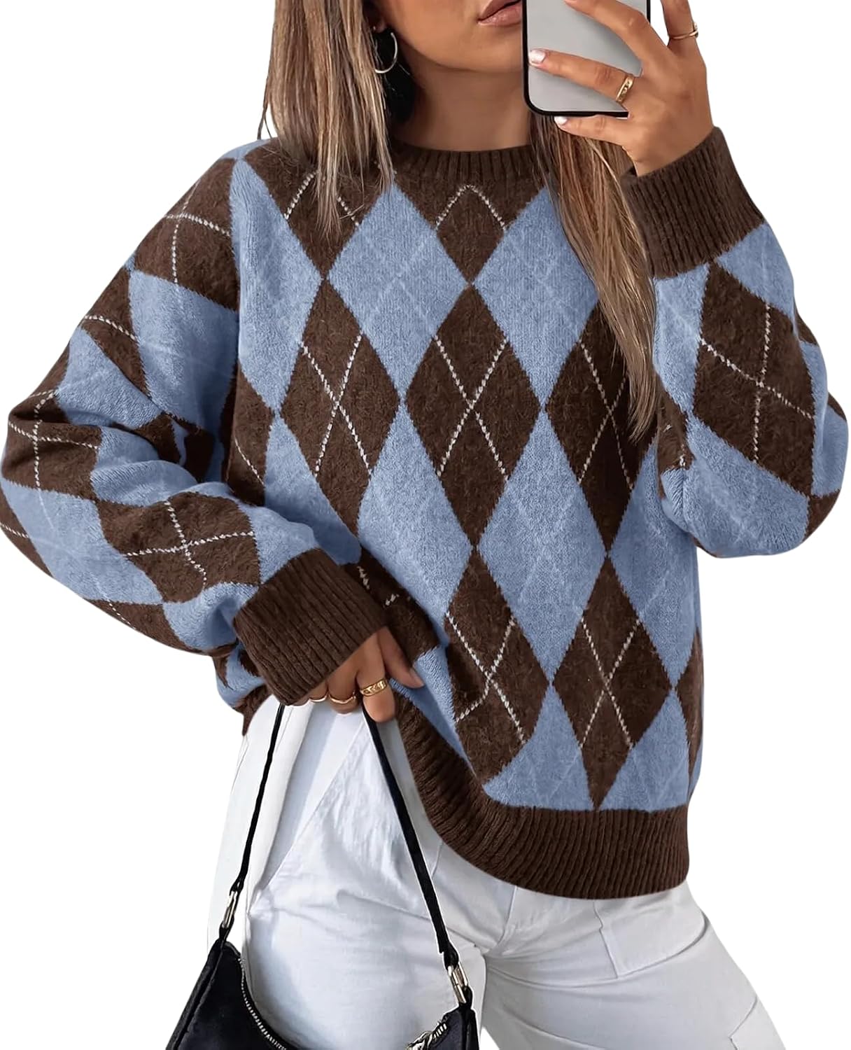 Womens Oversized Sweaters Long Sleeve Argyle Plaid Trendy Casual Fall Lightweight Knit Pullover Tops Brown