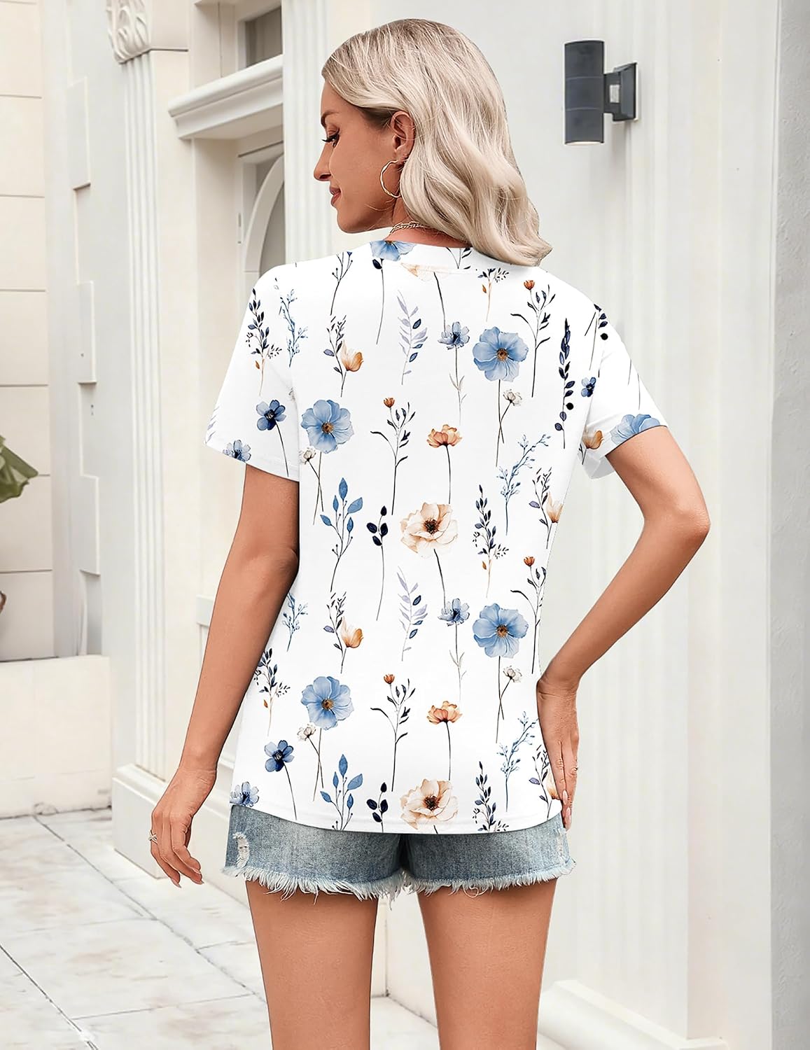 Women V Neck Cute Rolled Short Sleeve Shirts Boho