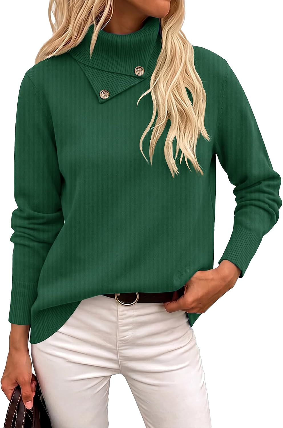 Long Sleeve High Neck Knit Cozy Pullover Sweater with Metal Button.