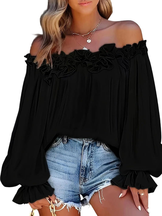 Women's Off Shoulder Tops Sexy Ruffle Neckline Lantern Long Sleeve Summer Casual Loose Fit Flowy Shirts Party Clubwear Tops Black