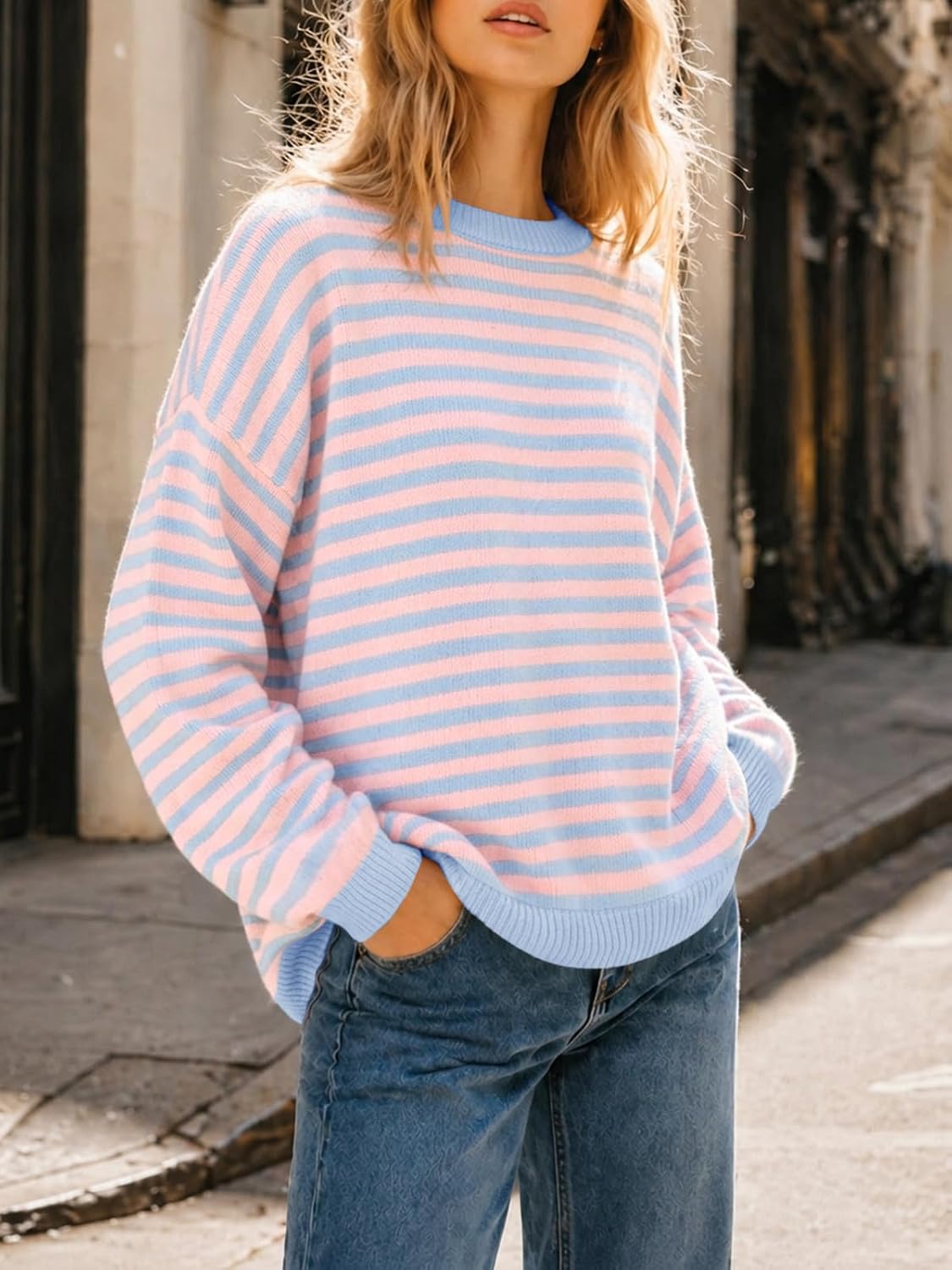 Womens Striped Sweater Oversized Crew Neck Pullover Light Pink | Soft Knit Long Sleeve Tops. Color Block. Trendy Cute Sweaters.