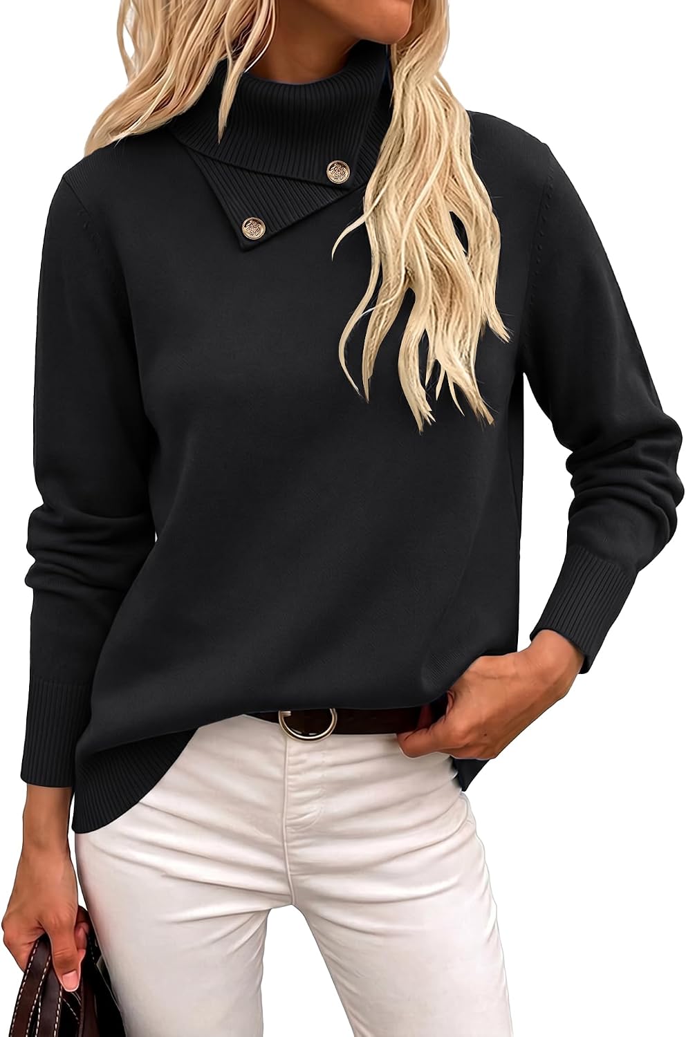 Long Sleeve High Neck Knit Cozy Pullover Sweater with Metal Button.