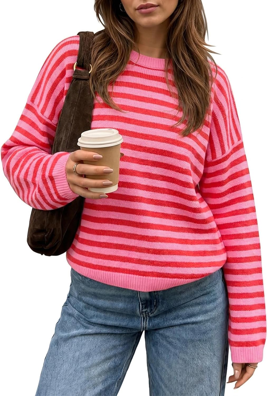 Womens Striped Sweater Oversized Crew Neck Pullover Light Pink | Soft Knit Long Sleeve Tops. Color Block. Trendy Cute Sweaters.
