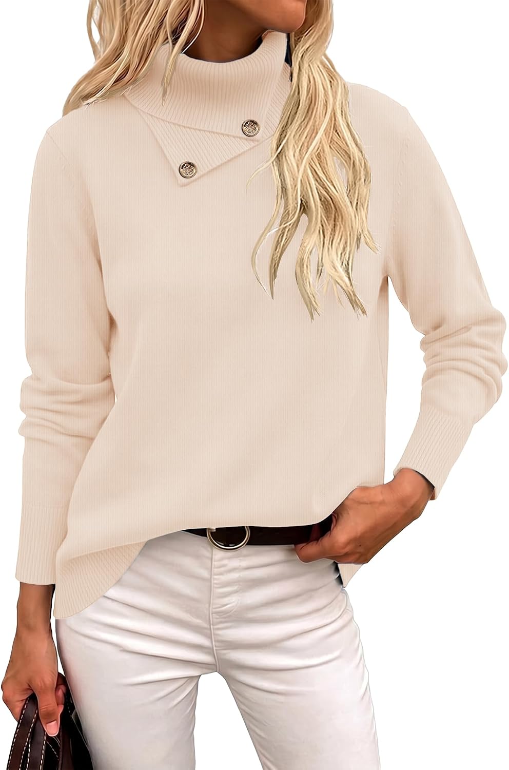 Long Sleeve High Neck Knit Cozy Pullover Sweater with Metal Button.