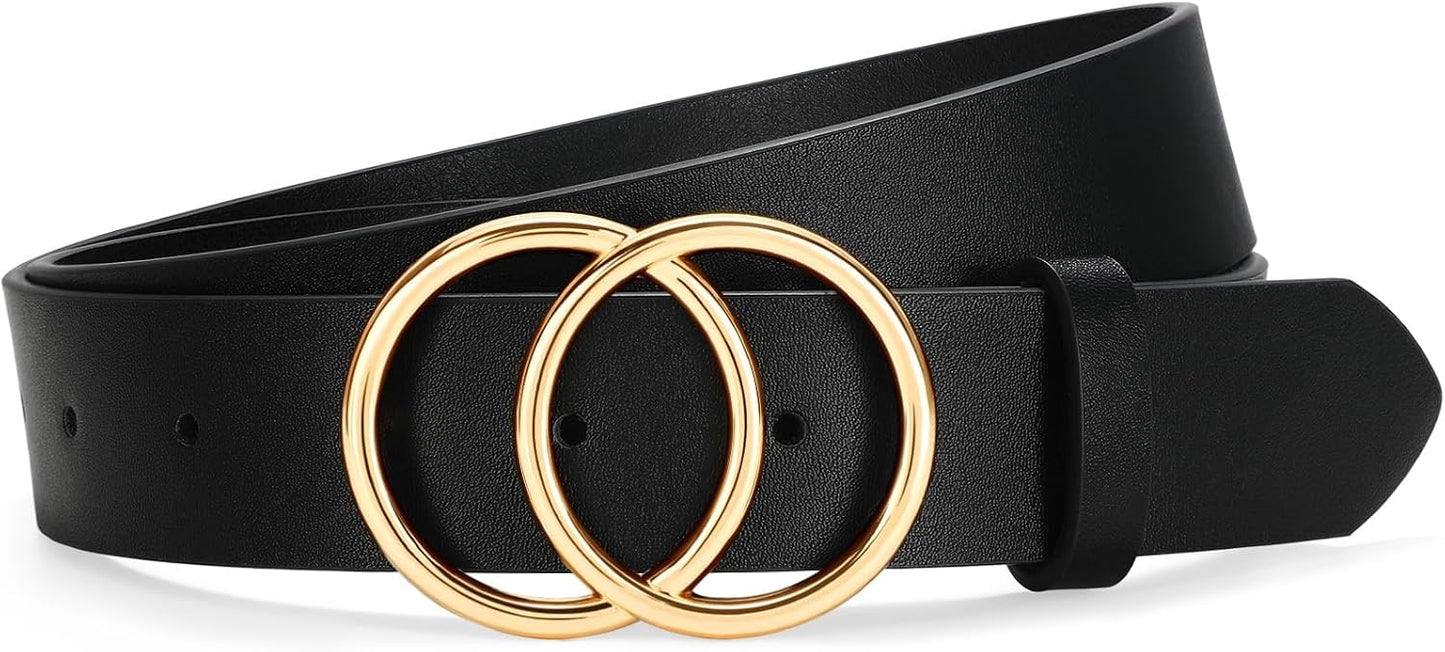Womens Leather Belt for Jeans Pants Fashion Waist Belts Double Ring Buckle.Gold Buckle.leopard.