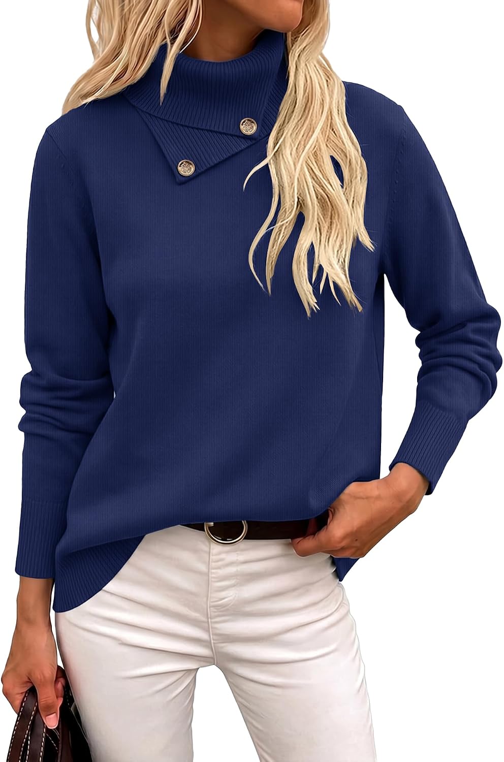 Long Sleeve High Neck Knit Cozy Pullover Sweater with Metal Button.
