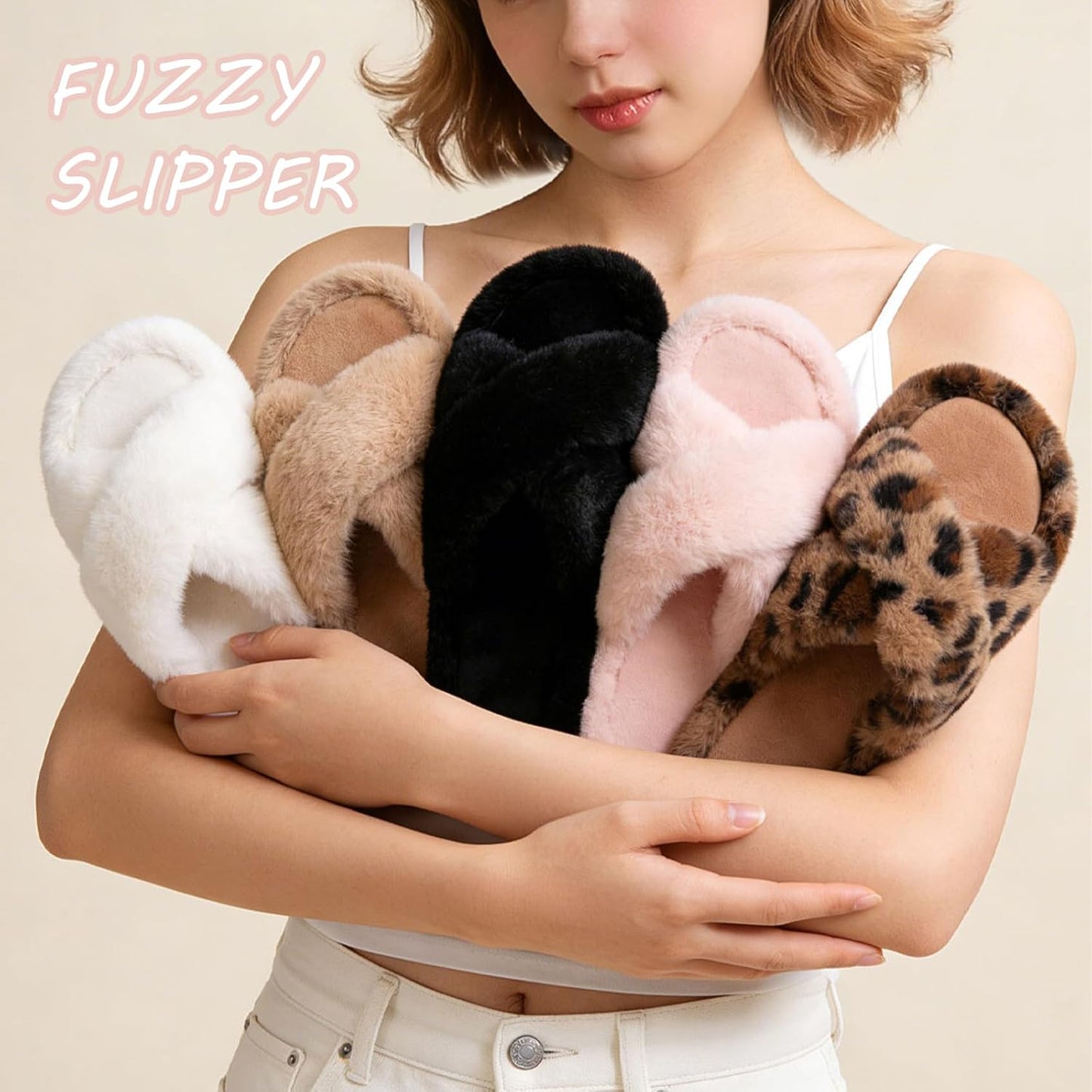 Women's Fuzzy Slippers for Women Cross Band Comfy House Shoes Faux Fur Lined Sandals Slides Memory Foam Open Toe Slip on Indoor | Shoes