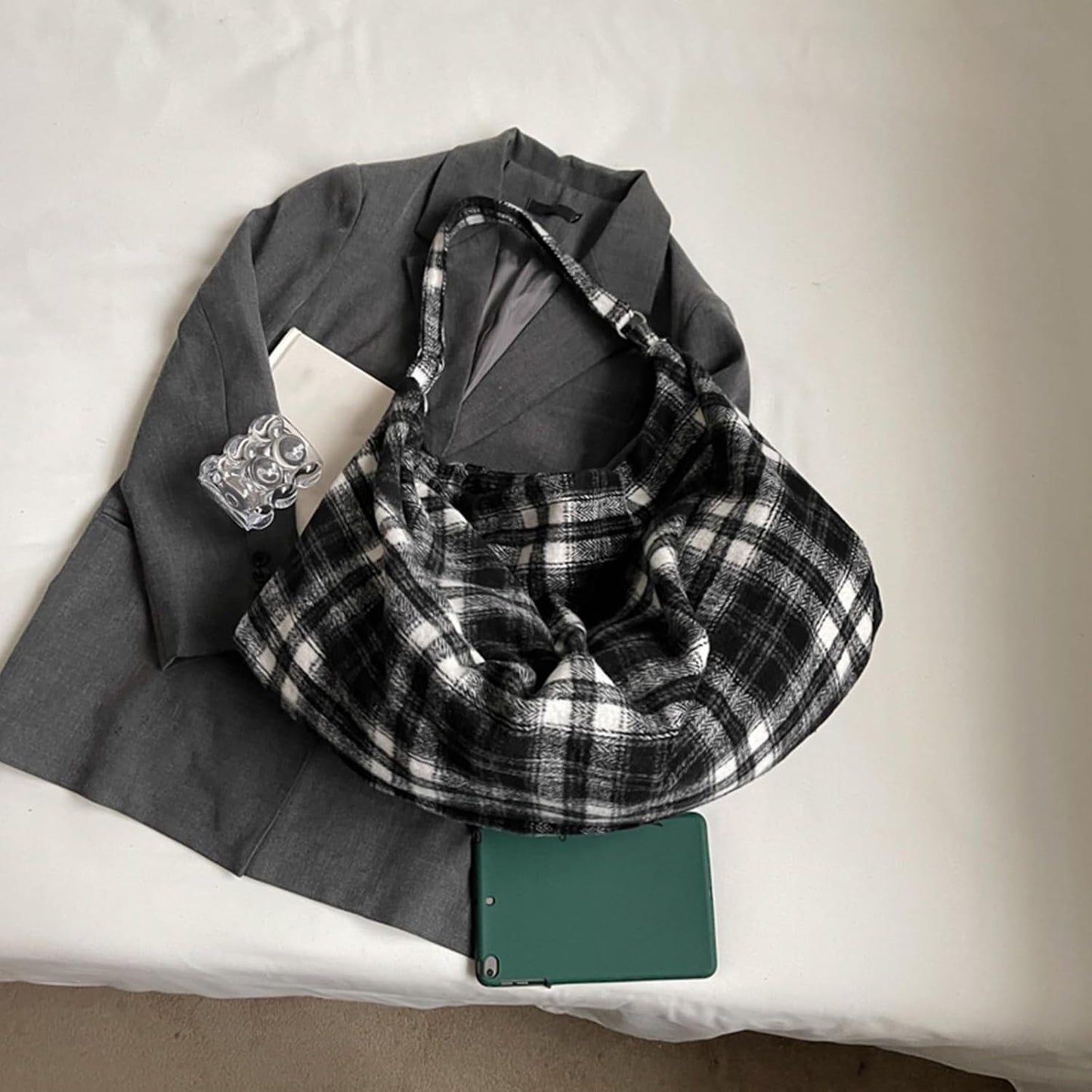 Women Large Capacity Retro Plaid Shoulder Bag | Korean Bag Hobo Bags with Zipper Vintage Pleated Bag Large Capacity Can be Carried on Both Shoulders