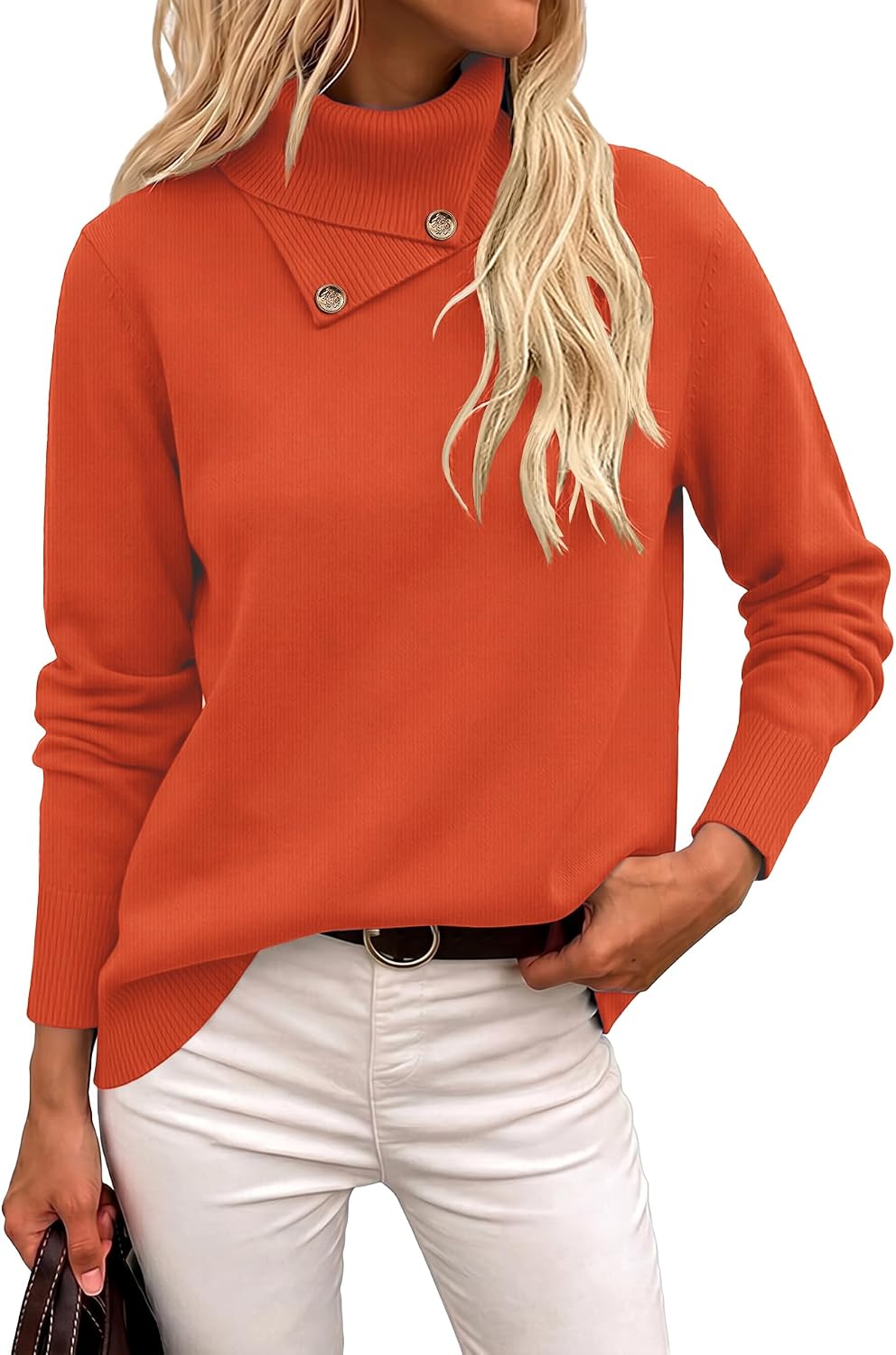 Long Sleeve High Neck Knit Cozy Pullover Sweater with Metal Button.