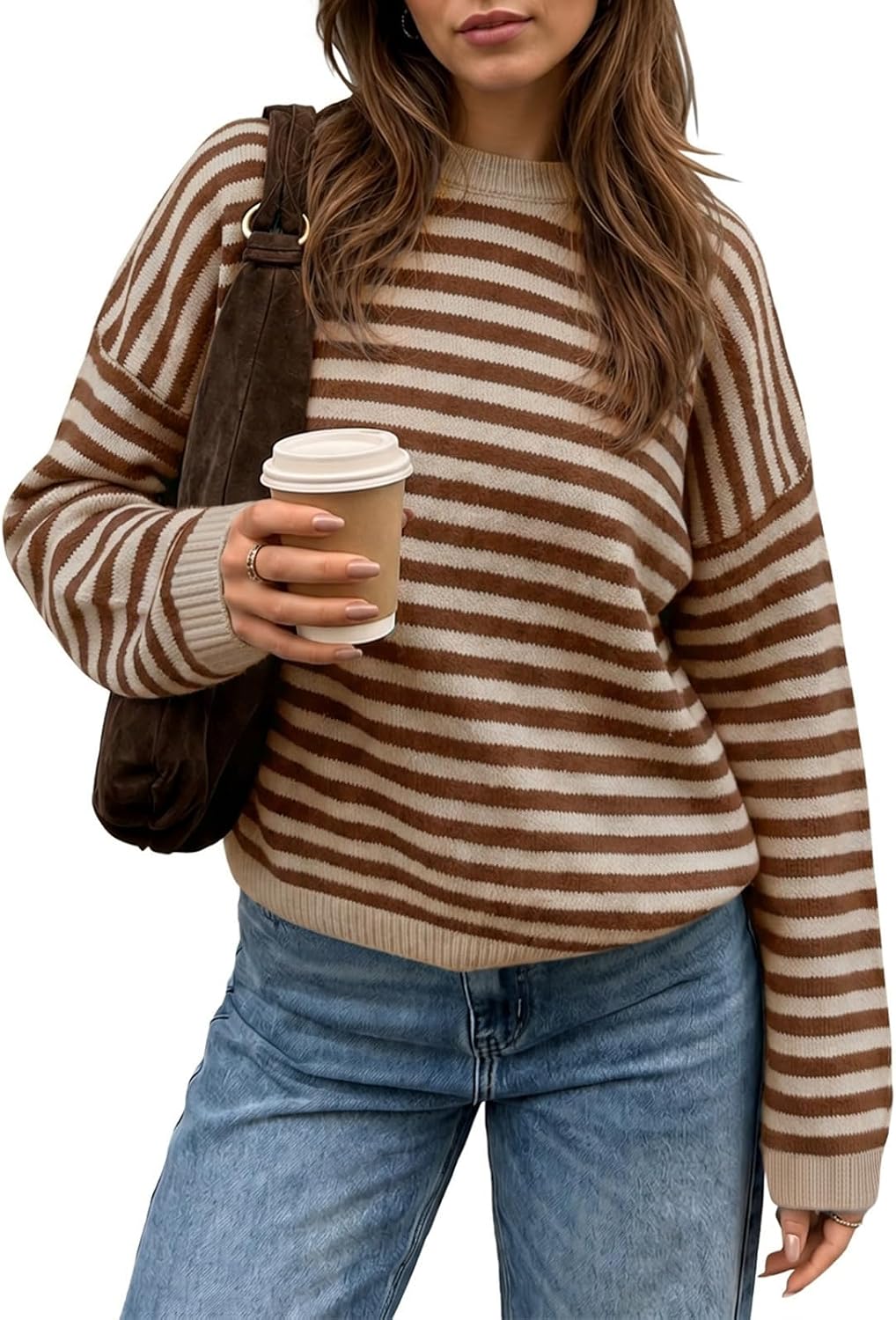 Womens Striped Sweater Oversized Crew Neck Pullover Light Pink | Soft Knit Long Sleeve Tops. Color Block. Trendy Cute Sweaters.