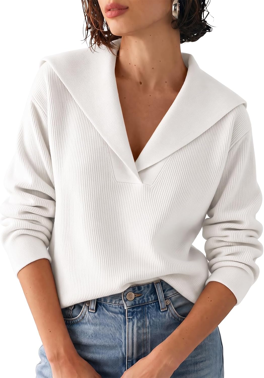 Womens Pullover Sweaters Lapel Collar V Neck Long Sleeve Sweater | Ribbed Knit. Coastal Sailor Collar. Quiet Luxury. Lightweight. Casual Tops.