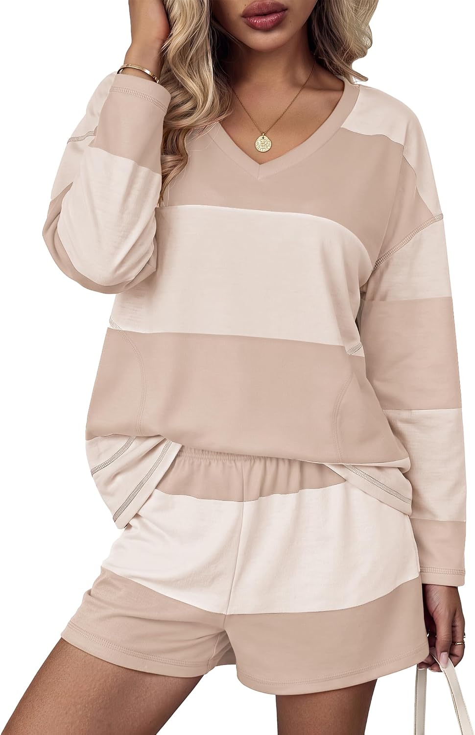 Women Fall Lounge Sets Long Sleeve Shorts Set | Oversized Matching Outfit. 2026 Fall Striped Shirts and Shorts Set.