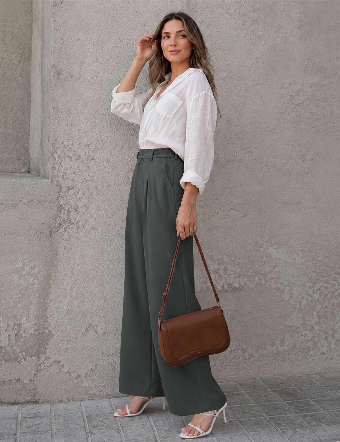 Women Wide Leg Pants Dressy Casual High Waisted Pleated Trousers | Elastic Waist. Button Down. Pockets. Lightweight. Business Casual Slacks.