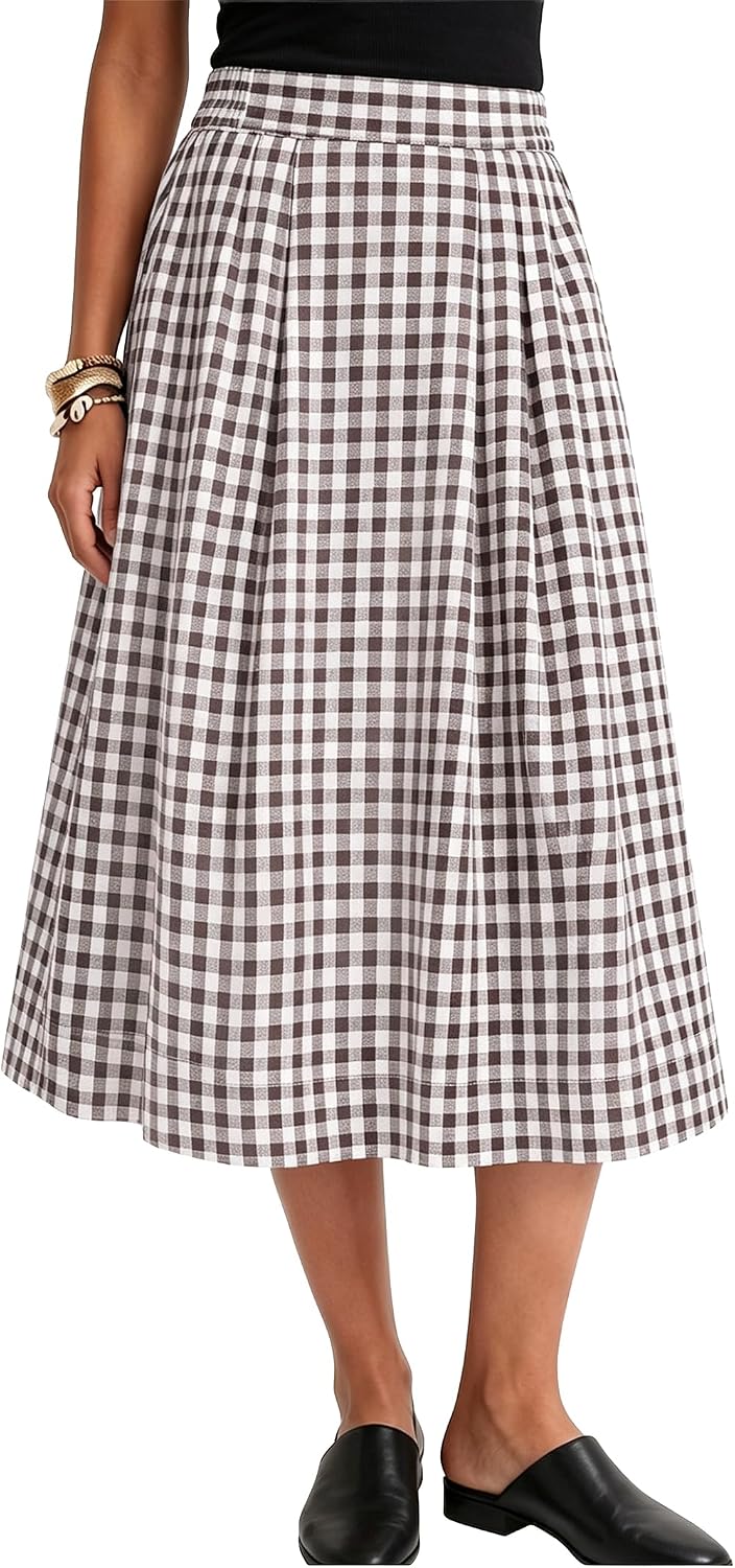 Gingham Skirt Women Midi Length A Line High Waist Skirts | Black White Plaid. Trendy Flowy Skirt with Pocket. Pleated Skirts for Wedding Vacation. Business Casual.