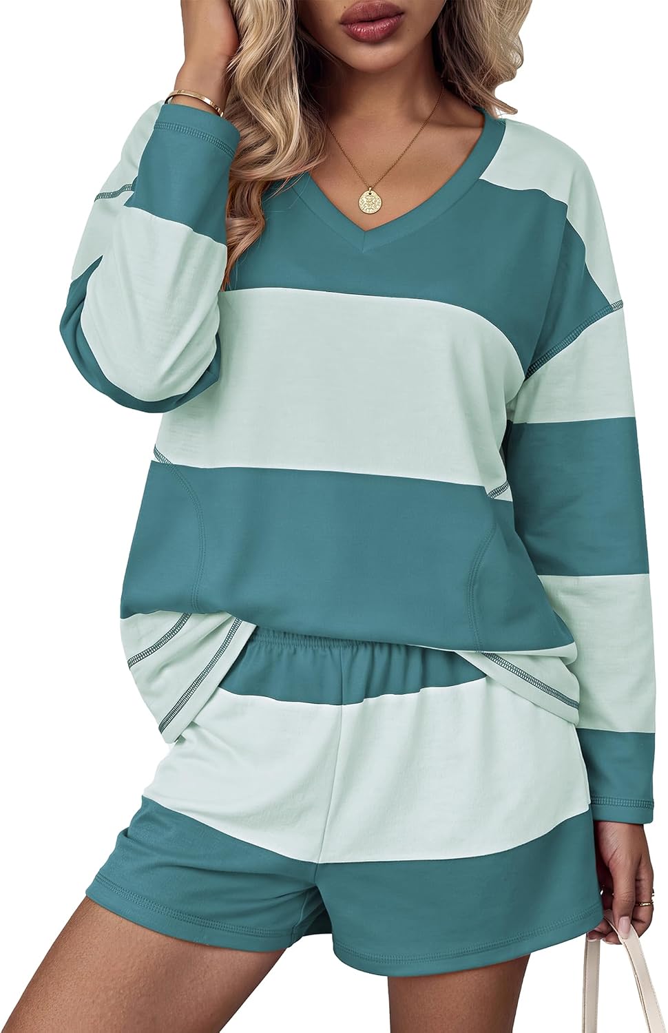 Women Fall Lounge Sets Long Sleeve Shorts Set | Oversized Matching Outfit. 2026 Fall Striped Shirts and Shorts Set.