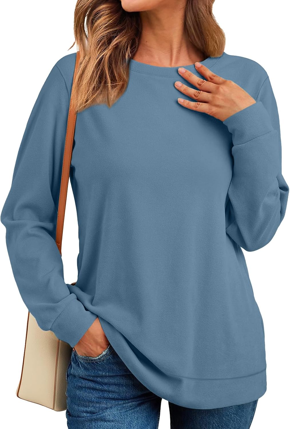 Sweatshirt for Women Plain Long Sleeve Top with Pocket | Ladies Crew Neck Casual Sweaters Outfits
