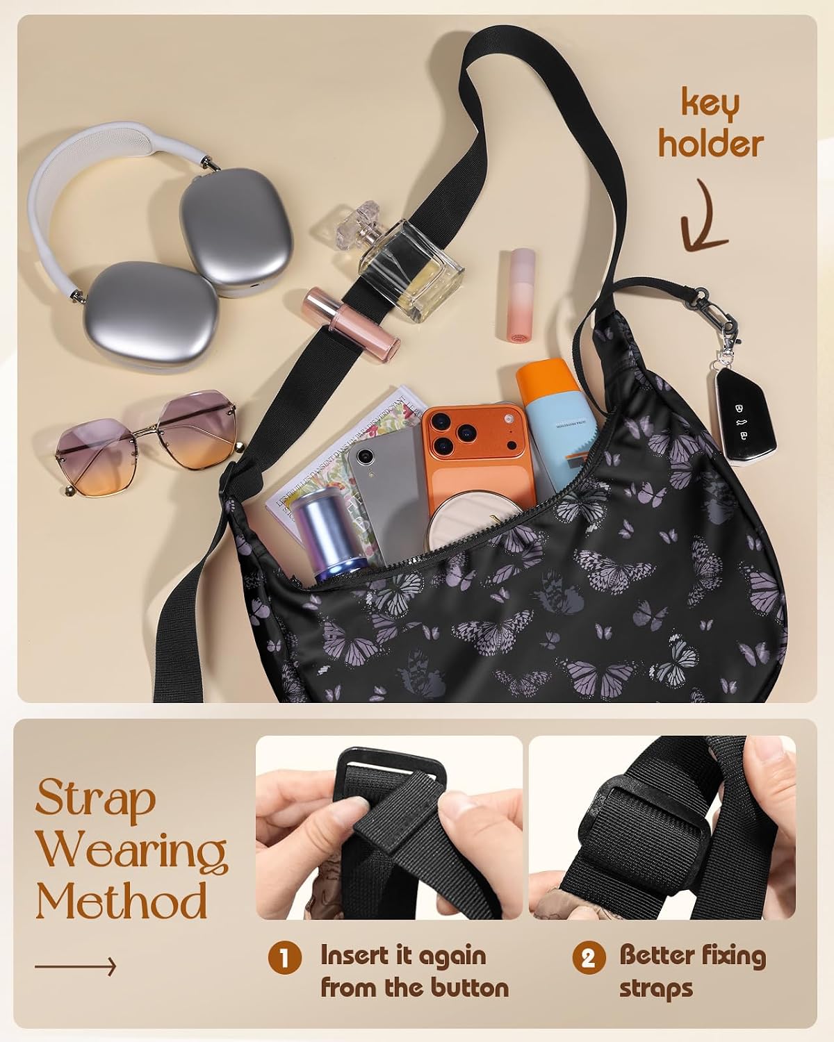 Waterproof Nylon. Adjustable Strap. Spacious and Stylish. Black Butterfly