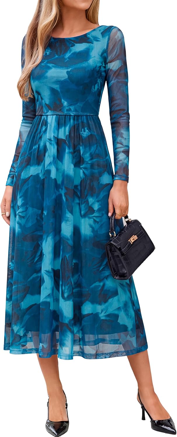 Womens Fall Floral Long Sleeve Cocktail Wedding Guest Maxi Dress | Elegant Semi Formal. Winter Holiday Party. A Line Flowy. Boho Long Dress. Ruched High Waist.