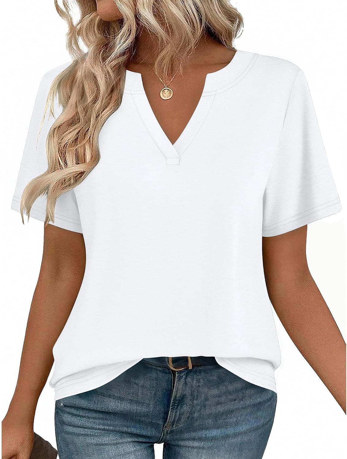 Women V Neck Cute Rolled Short Sleeve Shirts Boho