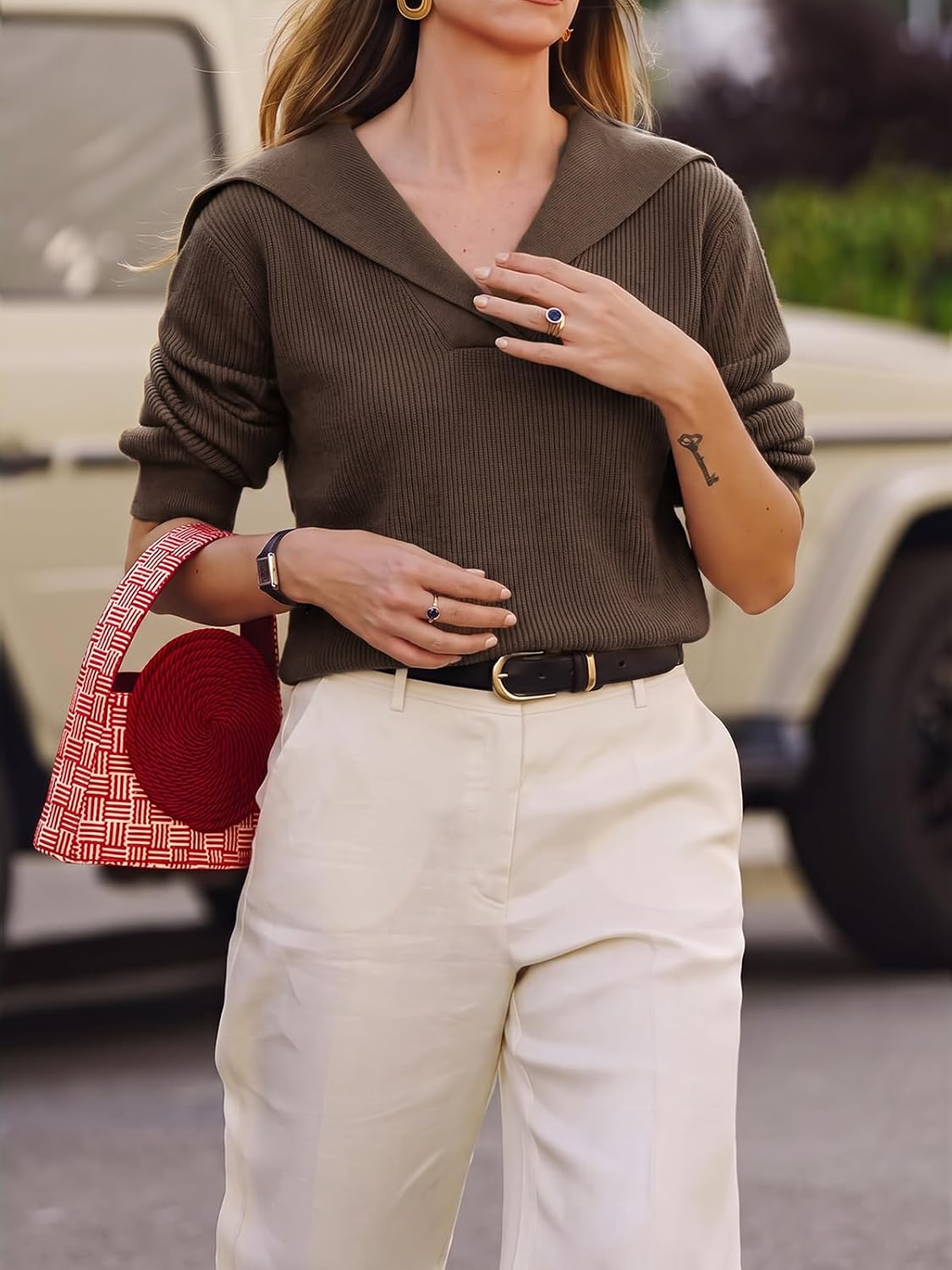 Womens Pullover Sweaters Lapel Collar V Neck Long Sleeve Sweater | Ribbed Knit. Coastal Sailor Collar. Quiet Luxury. Lightweight. Casual Tops.