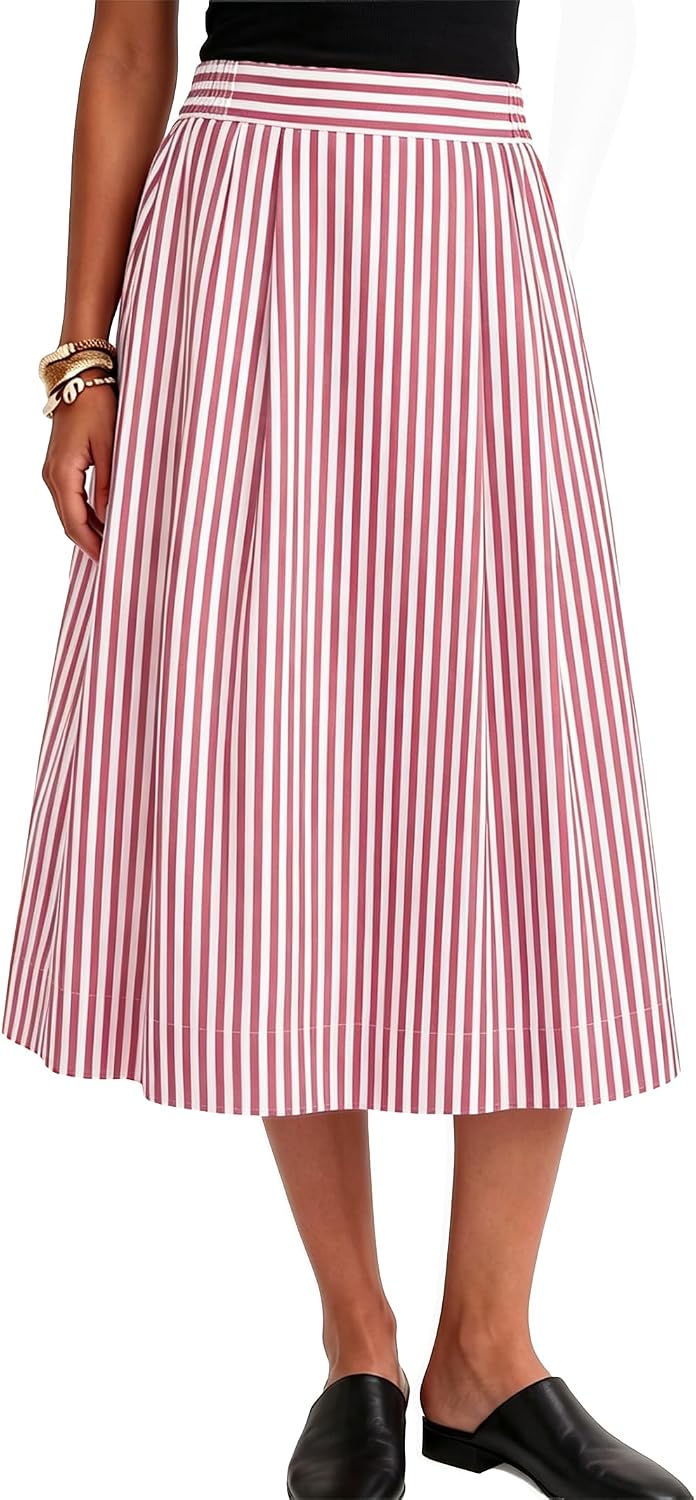 Gingham Skirt Women Midi Length A Line High Waist Skirts | Black White Plaid. Trendy Flowy Skirt with Pocket. Pleated Skirts for Wedding Vacation. Business Casual.