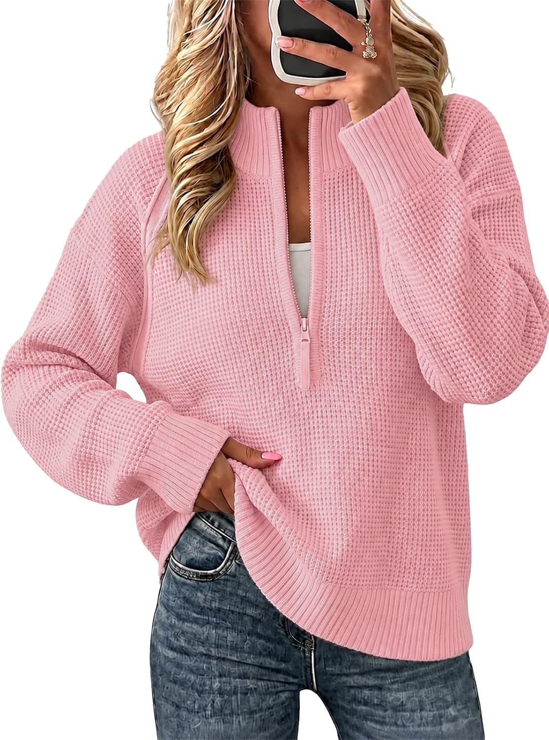 Womens Quarter Zip Pullover Sweaters Waffle Knit Long Sleeve Tops | Thumb Hole. Collared. Half Zip. Casual. Ribbed Sweatshirts. Loose Fit. V-neck.