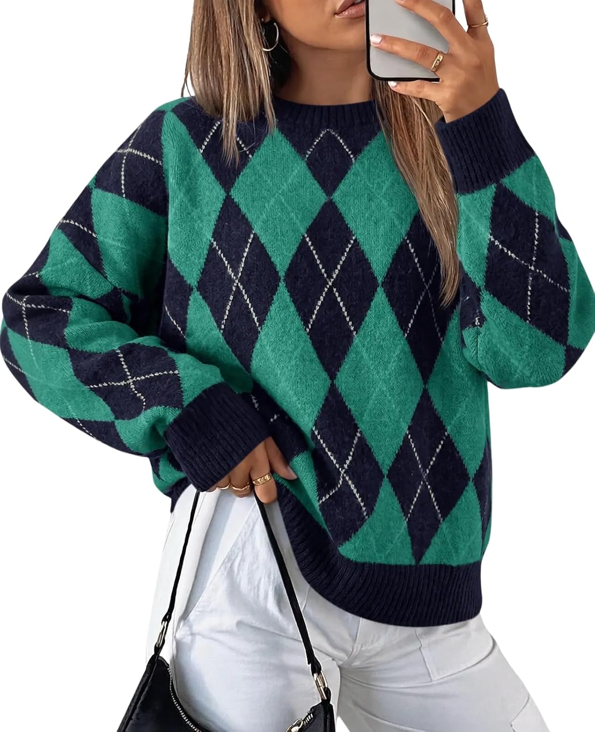 Womens Oversized Sweaters Long Sleeve Argyle Plaid Trendy Casual Fall Lightweight Knit Pullover Tops Brown