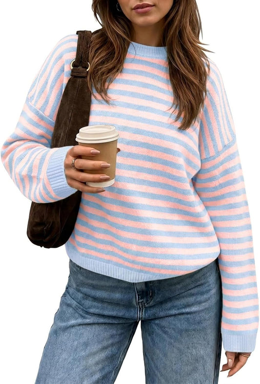 Womens Striped Sweater Oversized Crew Neck Pullover Light Pink | Soft Knit Long Sleeve Tops. Color Block. Trendy Cute Sweaters.