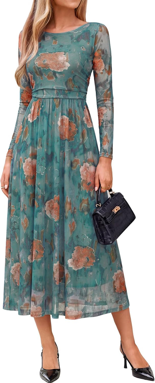 Womens Fall Floral Long Sleeve Cocktail Wedding Guest Maxi Dress | Elegant Semi Formal. Winter Holiday Party. A Line Flowy. Boho Long Dress. Ruched High Waist.