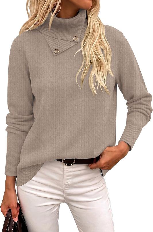 Long Sleeve High Neck Knit Cozy Pullover Sweater with Metal Button.