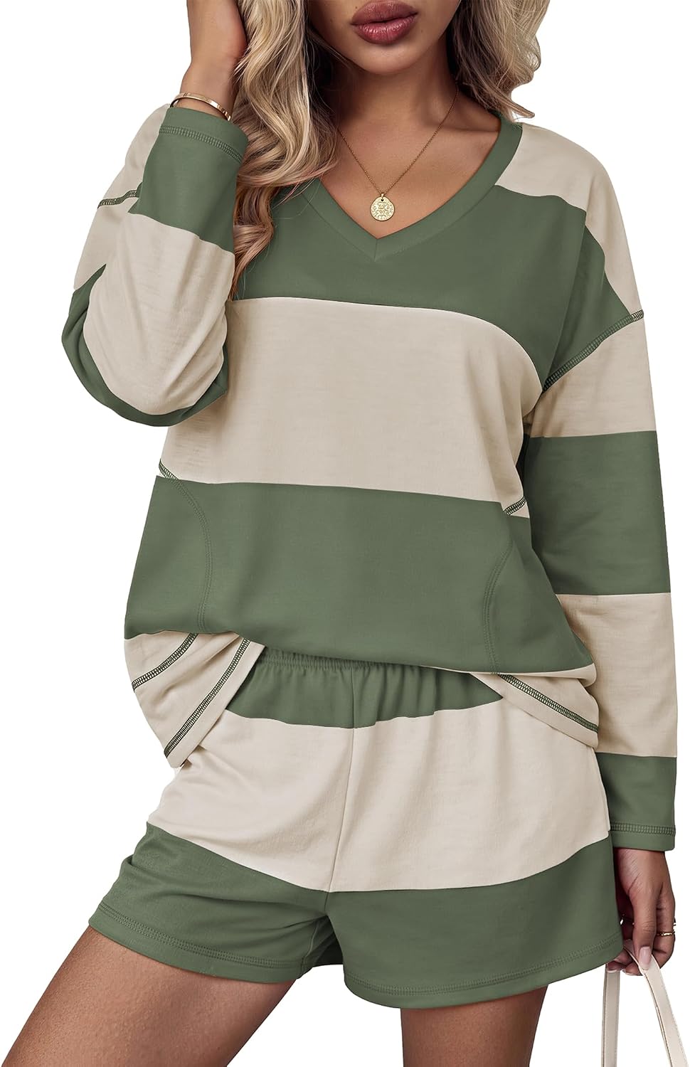 Women Fall Lounge Sets Long Sleeve Shorts Set | Oversized Matching Outfit. 2026 Fall Striped Shirts and Shorts Set.
