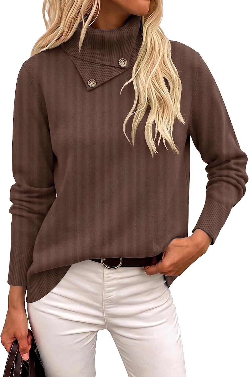 Long Sleeve High Neck Knit Cozy Pullover Sweater with Metal Button.
