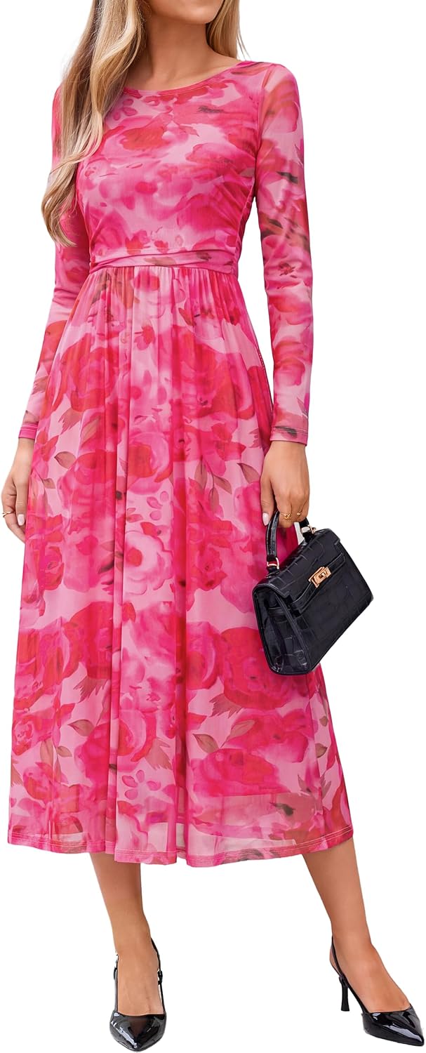 Womens Fall Floral Long Sleeve Cocktail Wedding Guest Maxi Dress | Elegant Semi Formal. Winter Holiday Party. A Line Flowy. Boho Long Dress. Ruched High Waist.