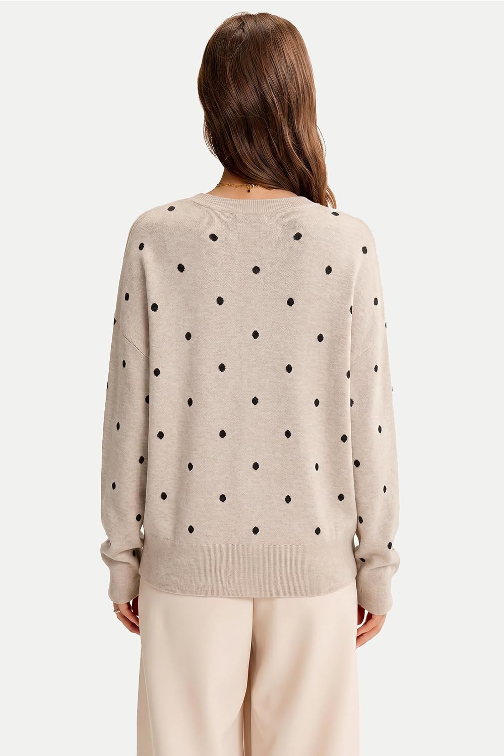 Women's Wool Blend Relaxed Fit Crew Neck Long Sleeve Trendy Sweaters Fall Winter Polka Dot Beige