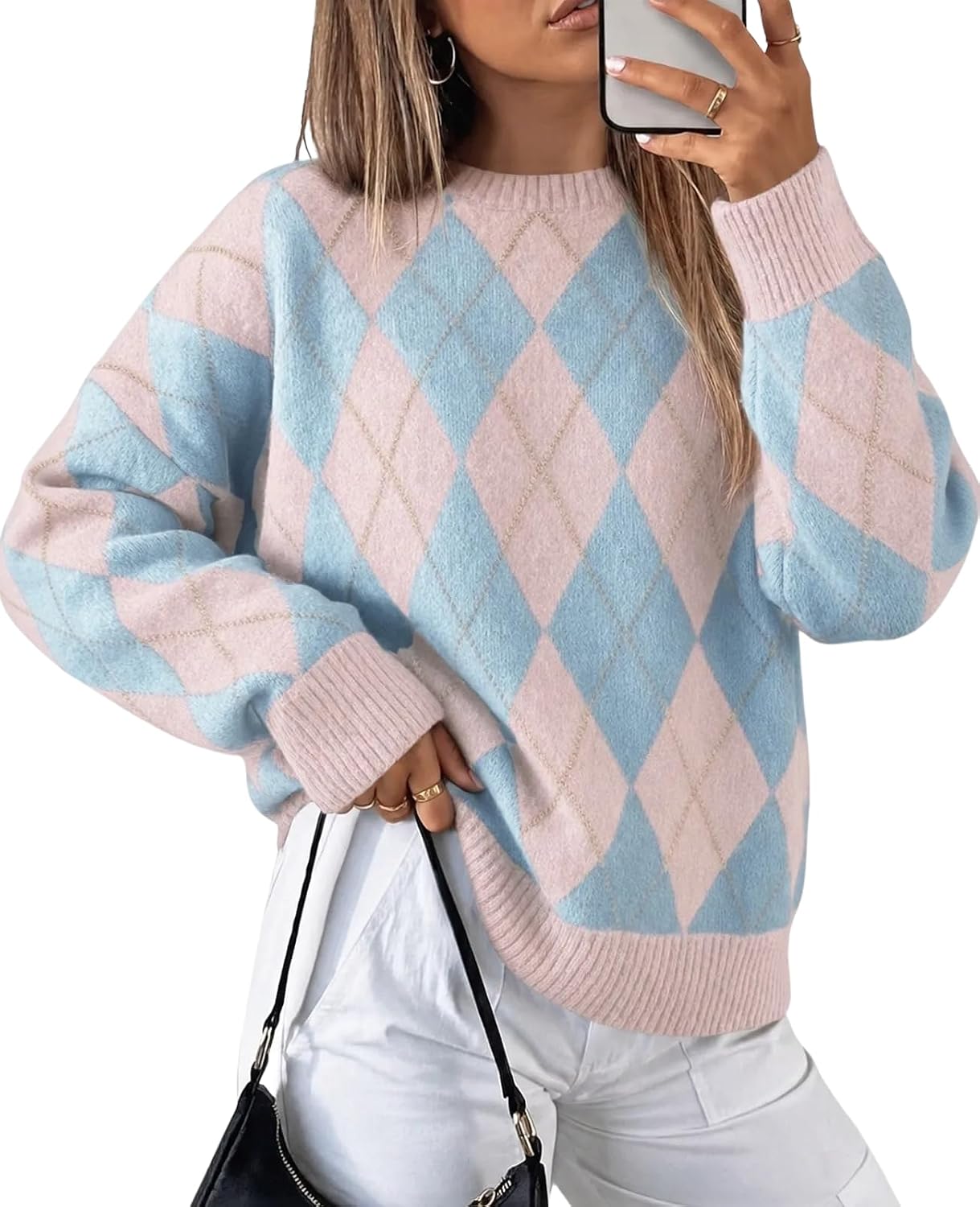 Womens Oversized Sweaters Long Sleeve Argyle Plaid Trendy Casual Fall Lightweight Knit Pullover Tops Brown